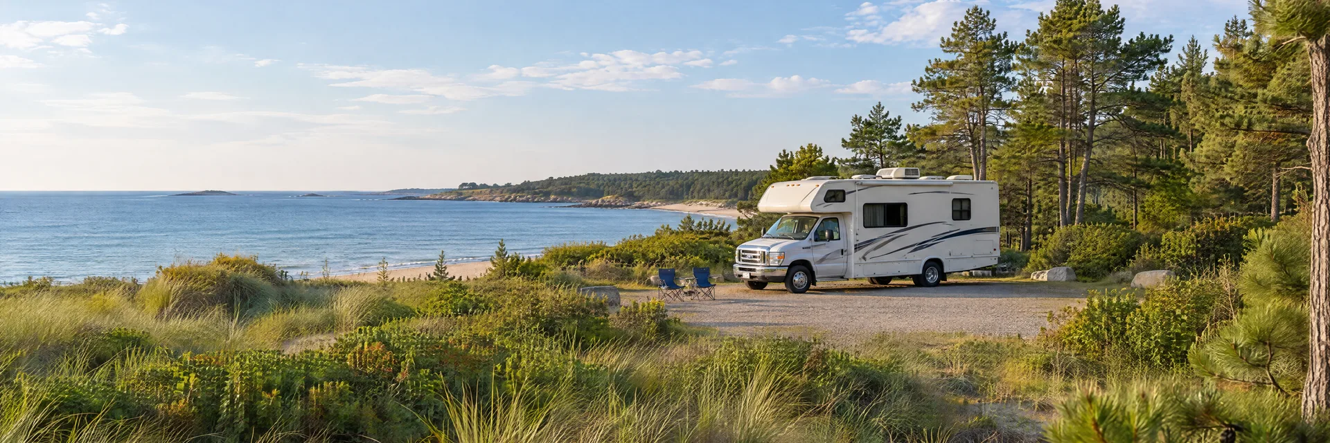 Illustration of a Class C motorhome at a fictional camping setting inspired by Plymouth, MA.