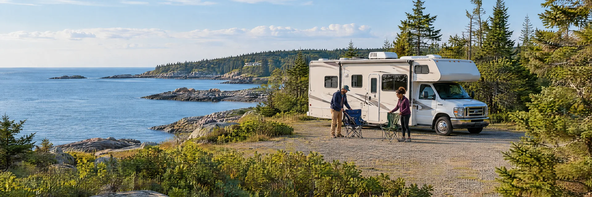 Illustration of campers enjoying setting up camp beside a Class C motorhome in a fictional camping setting inspired by Salem, MA.