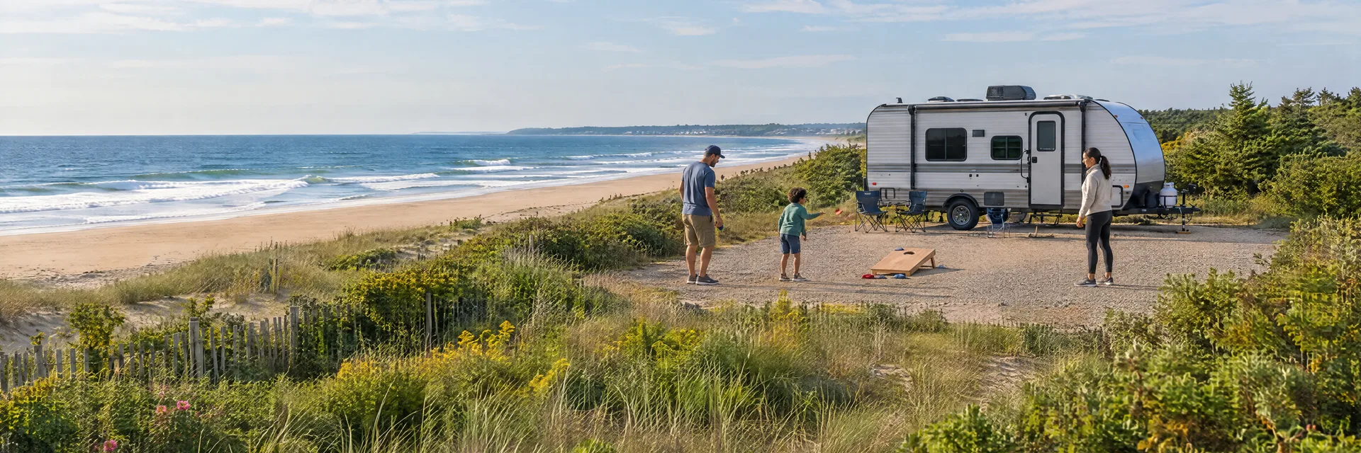 Illustration of campers enjoying family campsite activities beside a compact travel trailer in a fictional camping setting inspired by Salisbury, MA.