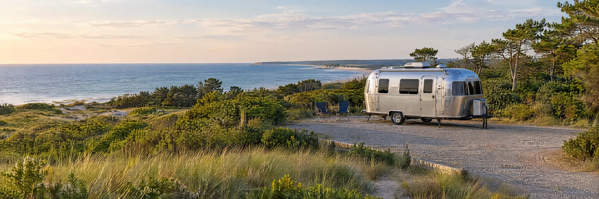 Illustration of a rounded silver travel trailer at a fictional camping setting inspired by Sandwich, MA.
