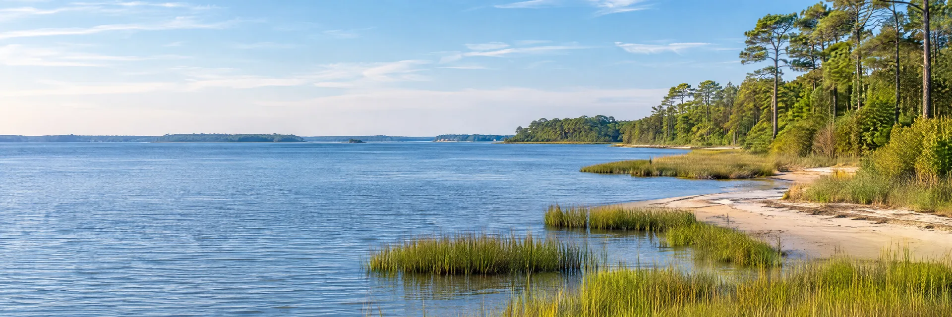 Illustration inspired by Scotland, MD: southern Maryland Chesapeake Bay region, broad blue tidal water, low sandy shoreline, salt marsh grasses and mature pine woodland.