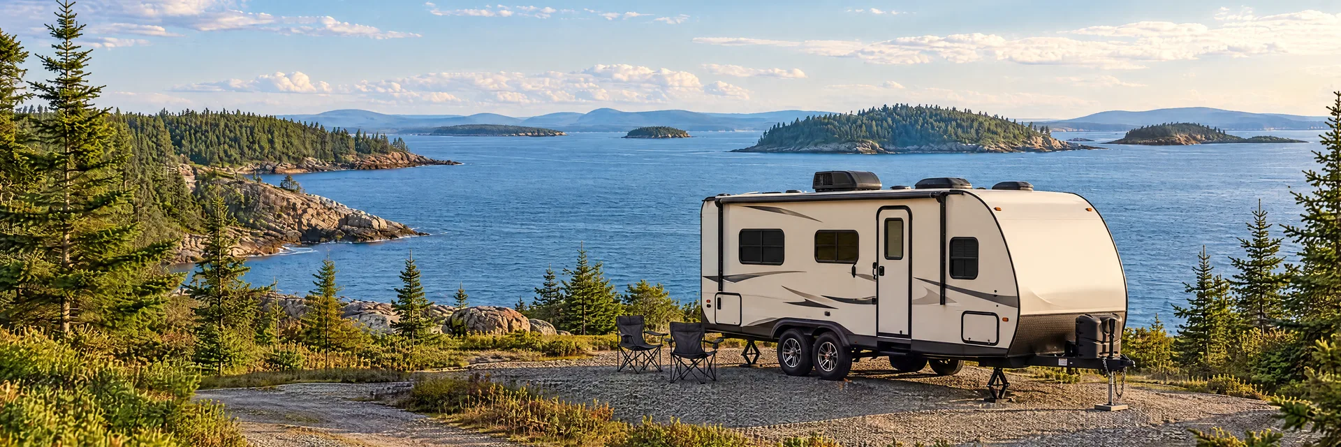 Illustration of a ivory tandem-axle travel trailer with visible hitch and stabilizers at a fictional camping setting inspired by Bar Harbor, ME.