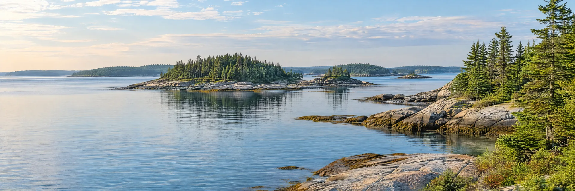 Illustration inspired by Boothbay Harbor, ME: coastal Maine harbor region, calm tidal inlet, rounded granite shoreline, spruce forest and low wooded islands without recognizable buildings.