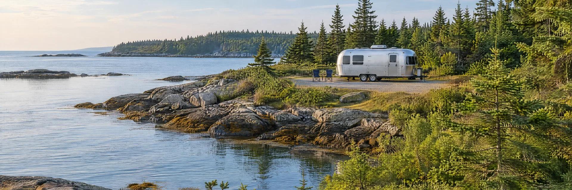 Illustration of a rounded silver travel trailer at a fictional camping setting inspired by Brunswick, ME.