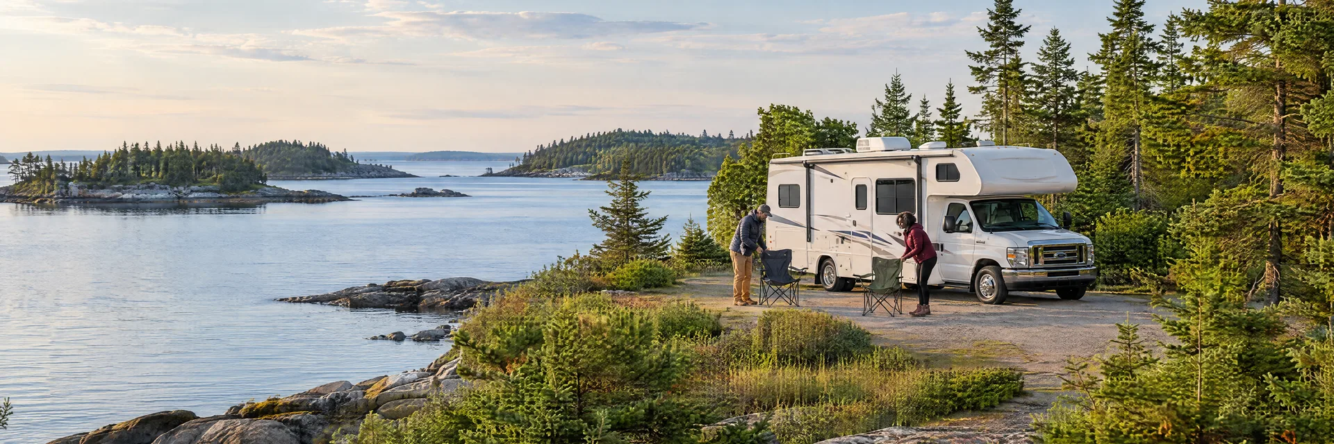 Illustration of campers enjoying setting up camp beside a Class C motorhome in a fictional camping setting inspired by Freeport, ME.