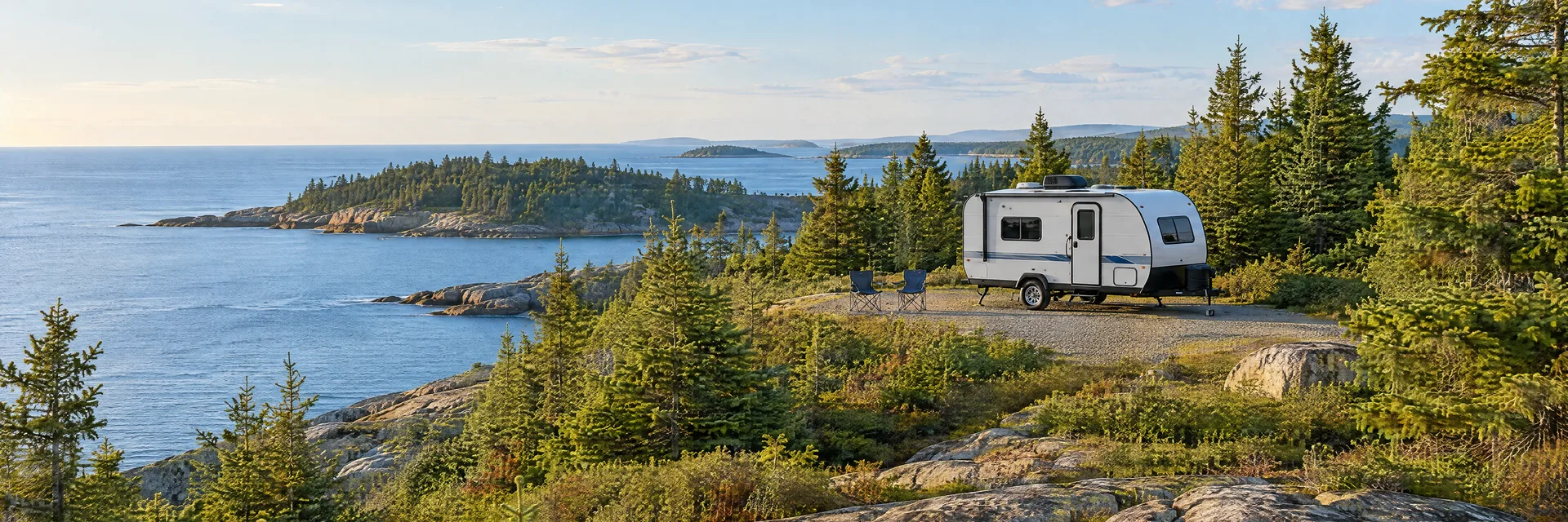 Illustration of a compact travel trailer at a fictional camping setting inspired by Mount Desert, ME.