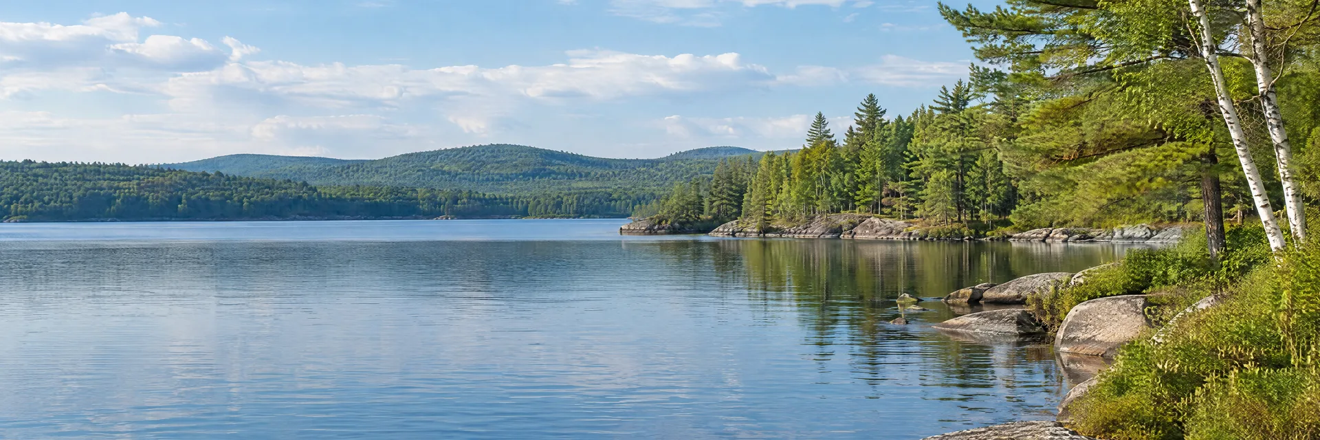 Illustration inspired by Naples, ME: southern Maine freshwater lake with pine and birch shores, granite stones and low wooded hills.