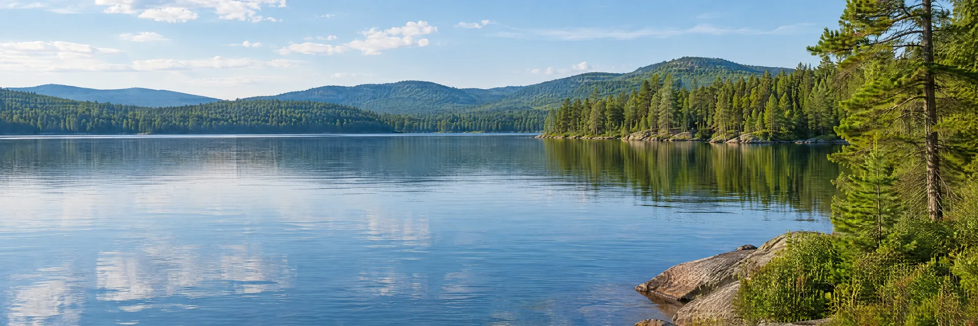 Illustration inspired by Norway, ME: western Maine freshwater lake with pine forest and low wooded hills.