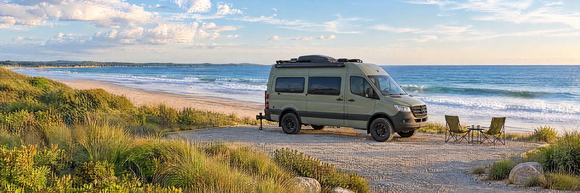 Illustration of a sage-green modern campervan at a fictional camping setting inspired by Old Orchard Beach, ME.