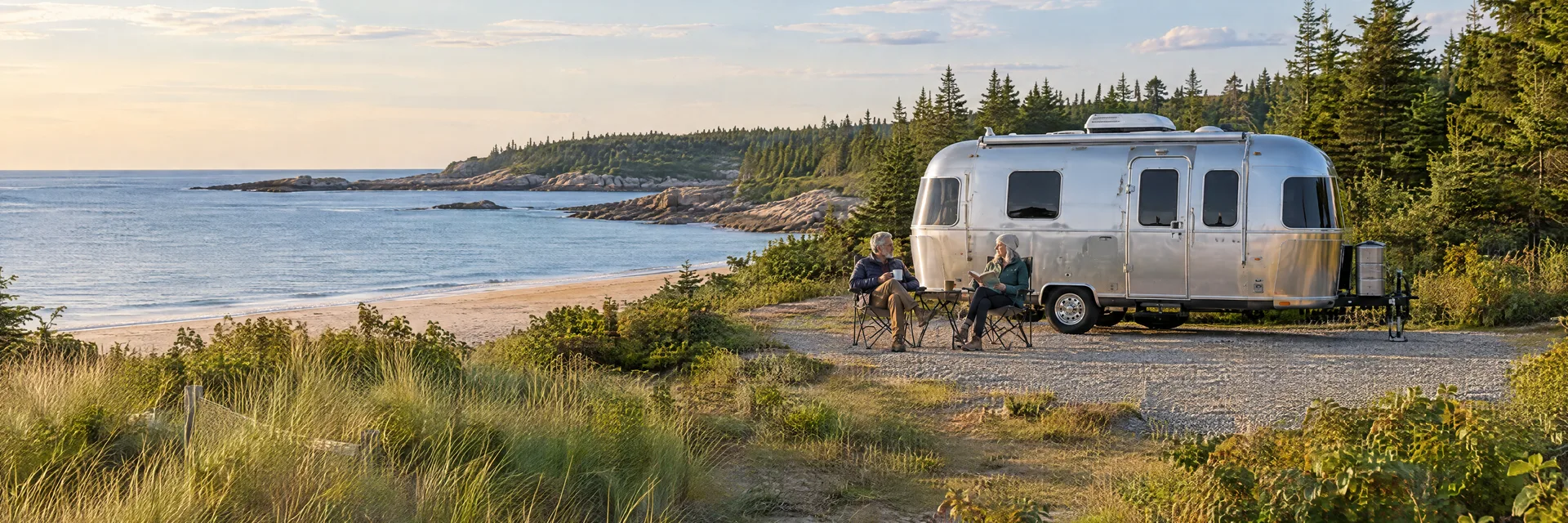 Illustration of campers enjoying relaxing at camp beside a rounded silver travel trailer in a fictional camping setting inspired by Saco, ME.