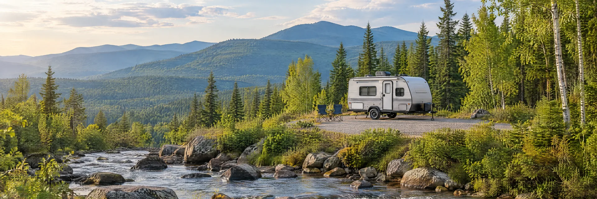 Illustration of a compact travel trailer at a fictional camping setting inspired by Sandy River, ME.