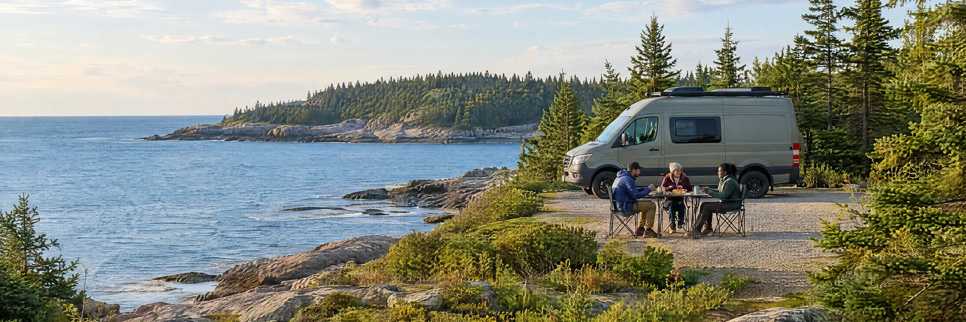 Illustration of campers enjoying an outdoor meal beside a camper van in a fictional camping setting inspired by York, ME.
