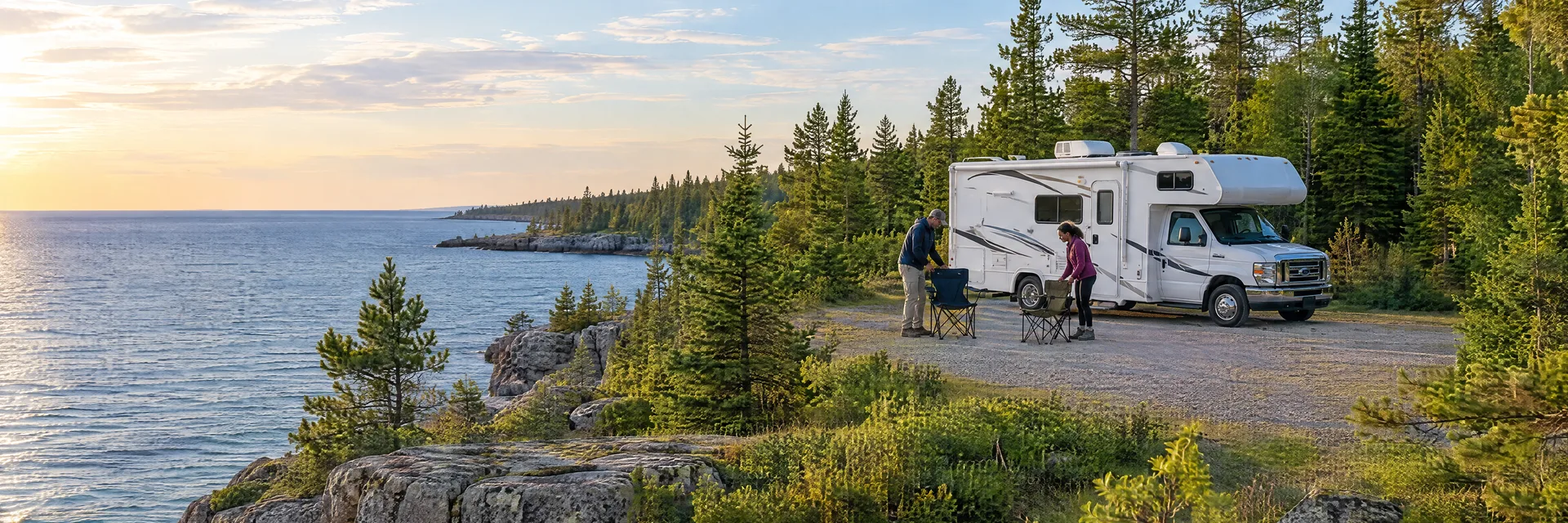 Illustration of campers enjoying setting up camp beside a Class C motorhome in a fictional camping setting inspired by Alpena, MI.