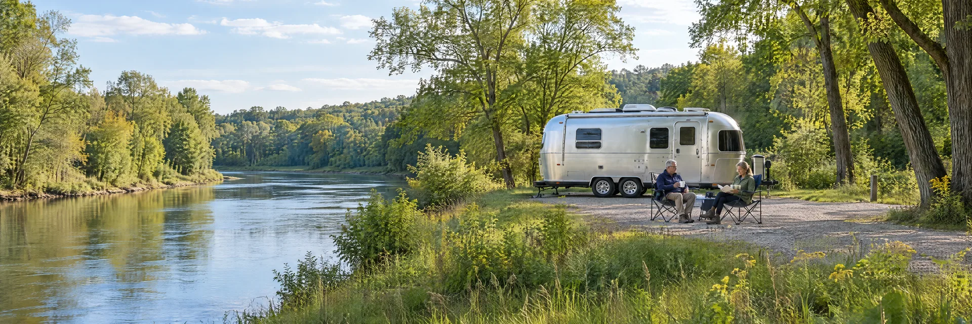 Illustration of campers enjoying relaxing at camp beside a rounded silver travel trailer in a fictional camping setting inspired by Ann Arbor, MI.