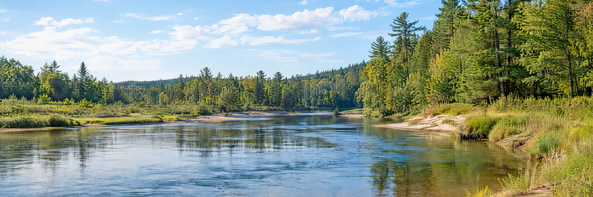 Illustration inspired by Baldwin, MI: western Michigan inland river country, clear gently flowing river, pine and hardwood woodland and low sandy grassy banks.