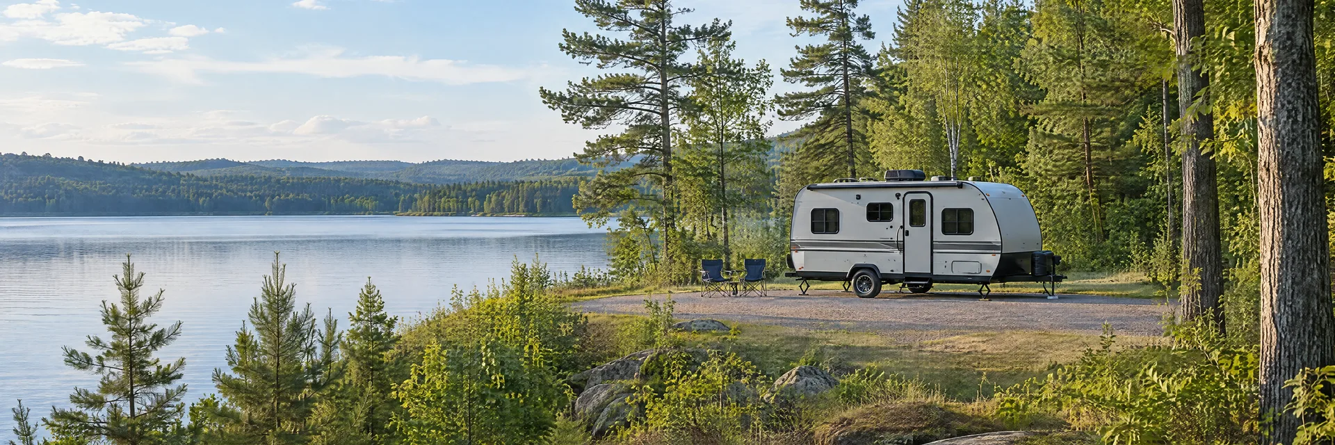Illustration of a compact travel trailer at a fictional camping setting inspired by Branch, MI.