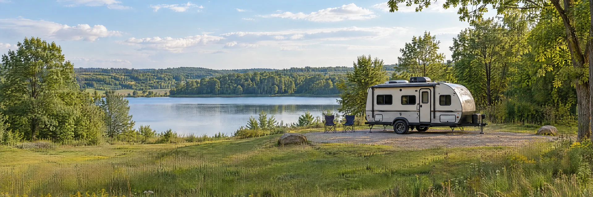 Illustration of a compact travel trailer at a fictional camping setting inspired by Burr Oak, MI.