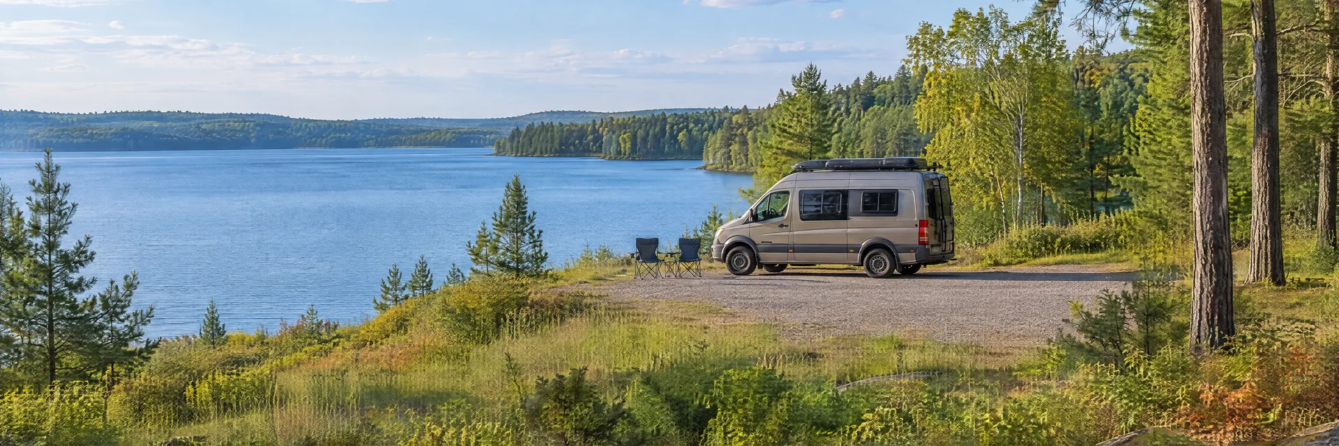 Illustration of a camper van at a fictional camping setting inspired by Cadillac, MI.