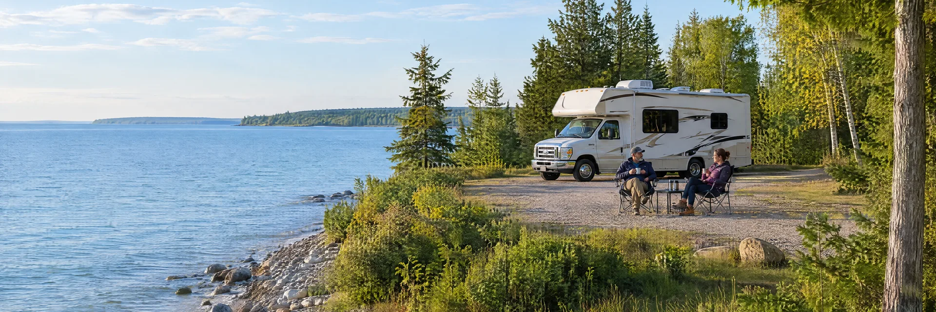 Illustration of campers enjoying morning coffee beside a Class C motorhome in a fictional camping setting inspired by Cheboygan, MI.