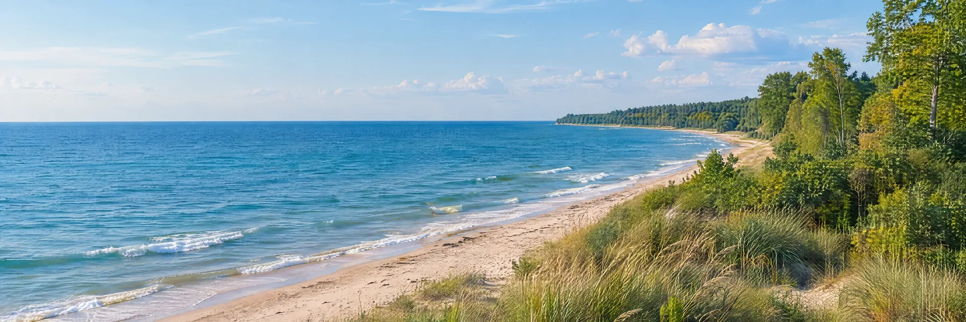 Illustration inspired by Covert, MI: southwestern Michigan Lake Michigan coast, blue water, pale sandy beach, beach grass and leafy woodland set inland.