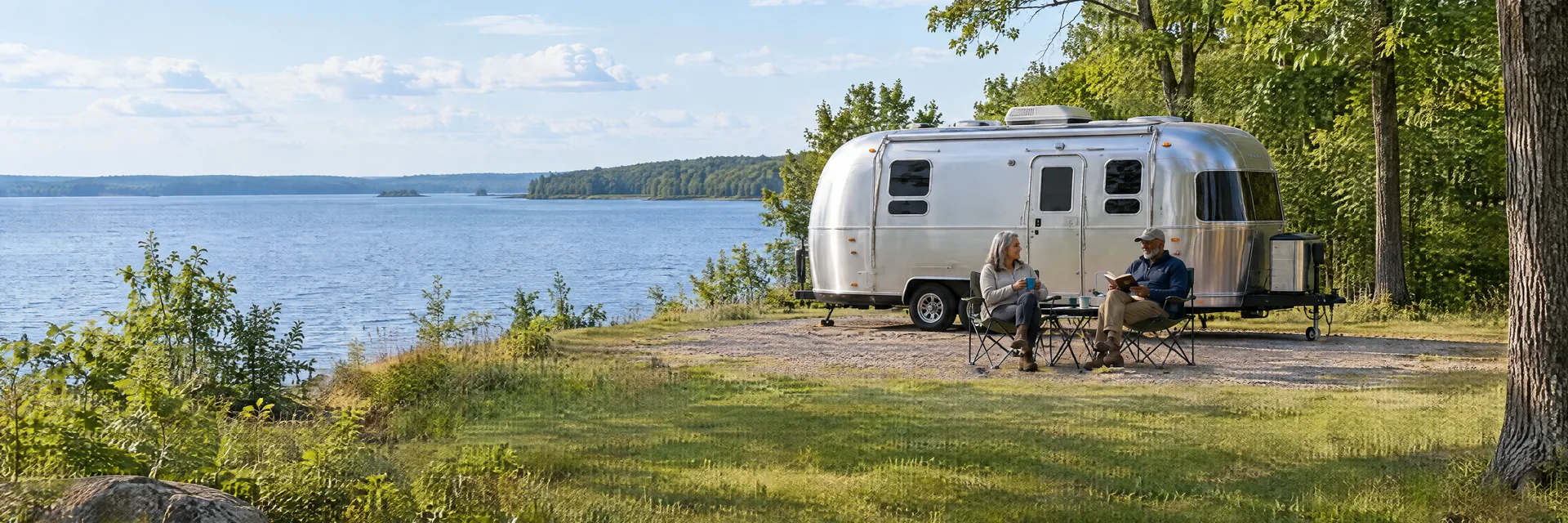 Illustration of campers enjoying relaxing at camp beside a rounded silver travel trailer in a fictional camping setting inspired by Detroit, MI.