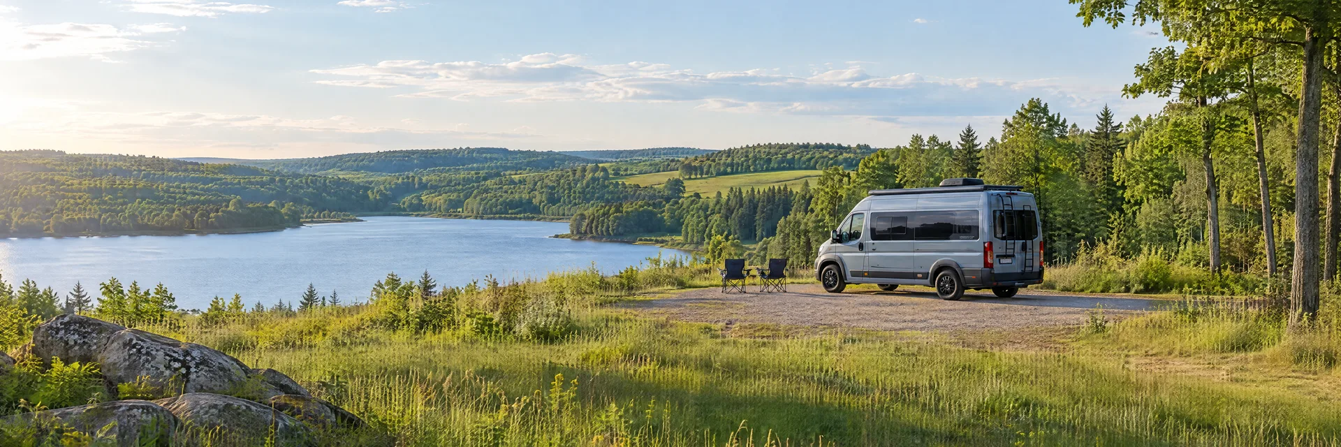 Illustration of a camper van at a fictional camping setting inspired by Durand, MI.
