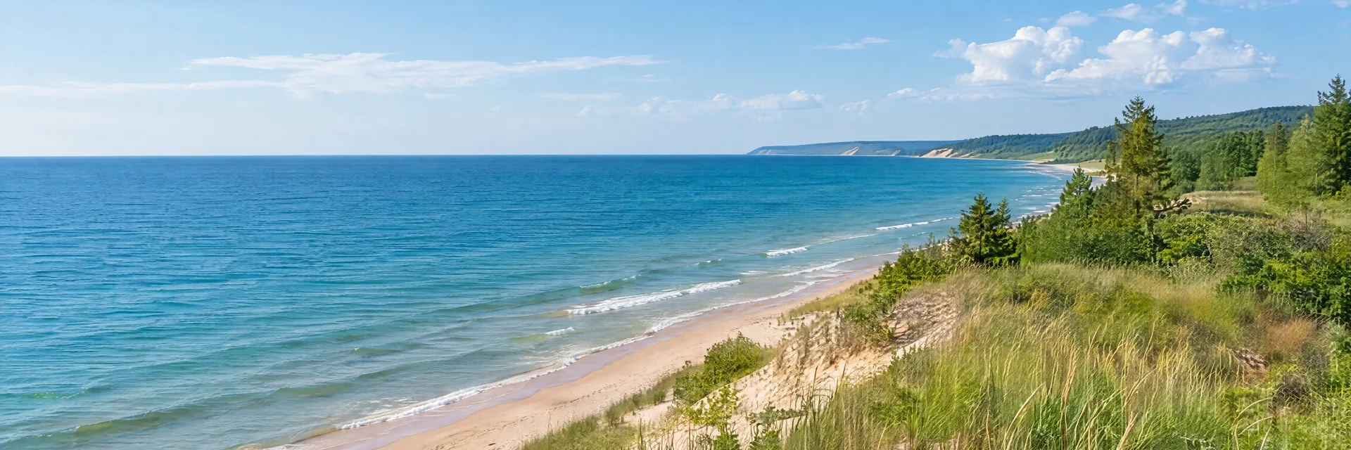 Illustration inspired by Empire, MI: lake Michigan sandy shoreline, grassy dunes and clear blue water, no exact protected dune viewpoint.