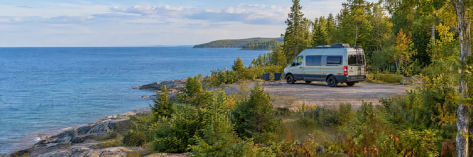 Illustration of a camper van at a fictional camping setting inspired by Escanaba, MI.