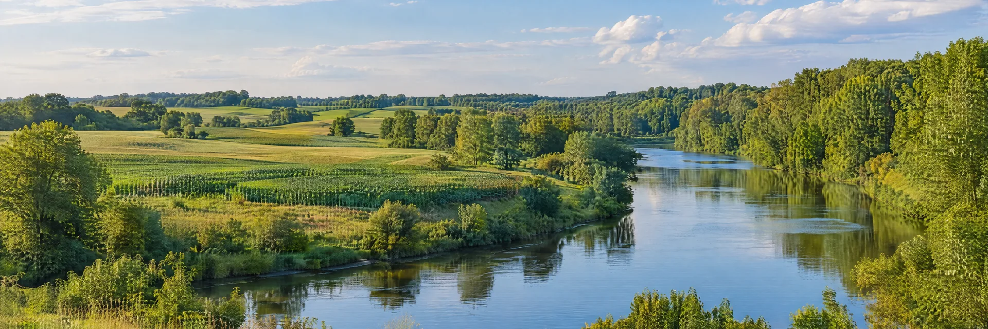 Illustration inspired by Frankenmuth, MI: michigan gently rolling farmland, leafy hardwood groves and a quiet river.