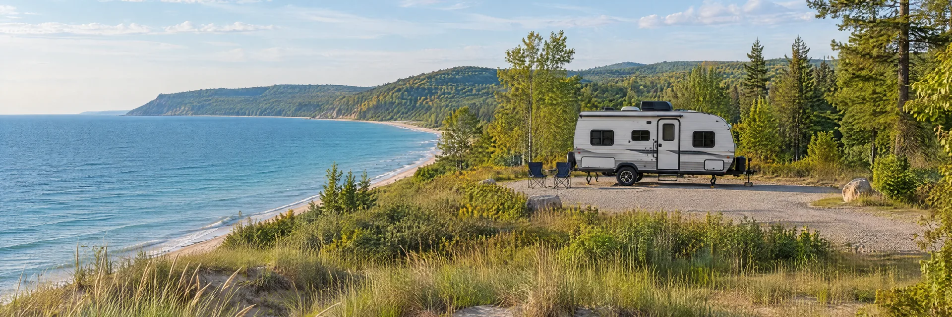 Illustration of a compact travel trailer at a fictional camping setting inspired by Frankfort, MI.