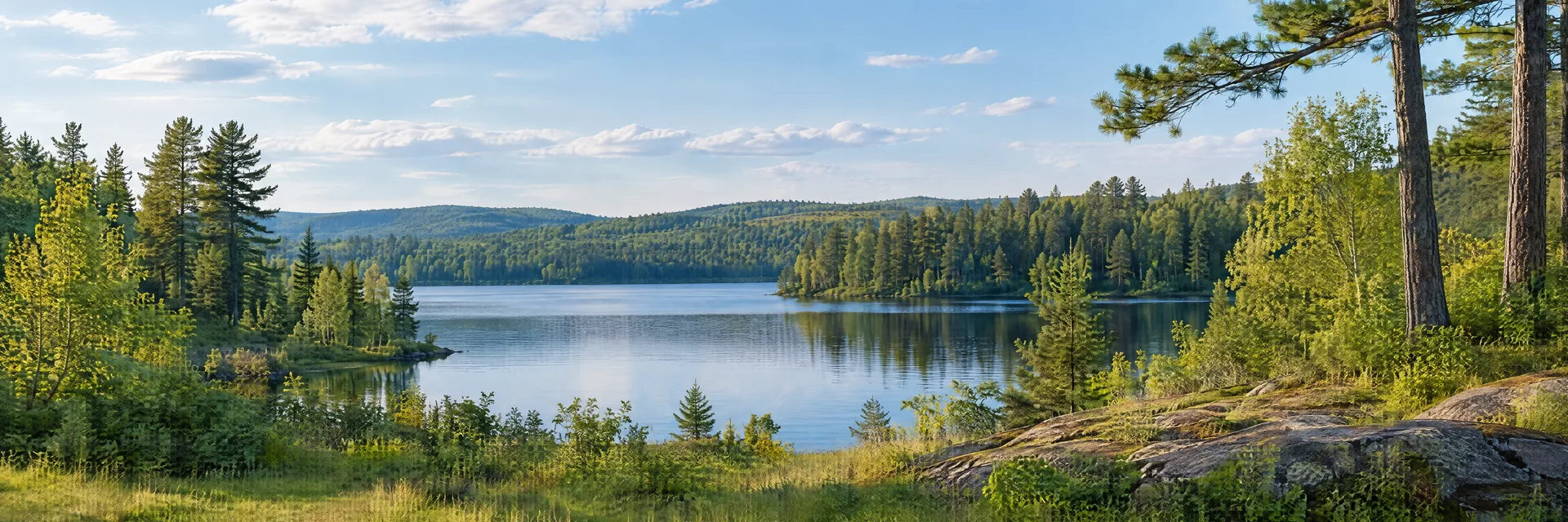 Illustration inspired by Gaylord, MI: northern Michigan hardwood and pine woodland, grassy clearings and a small quiet lake.