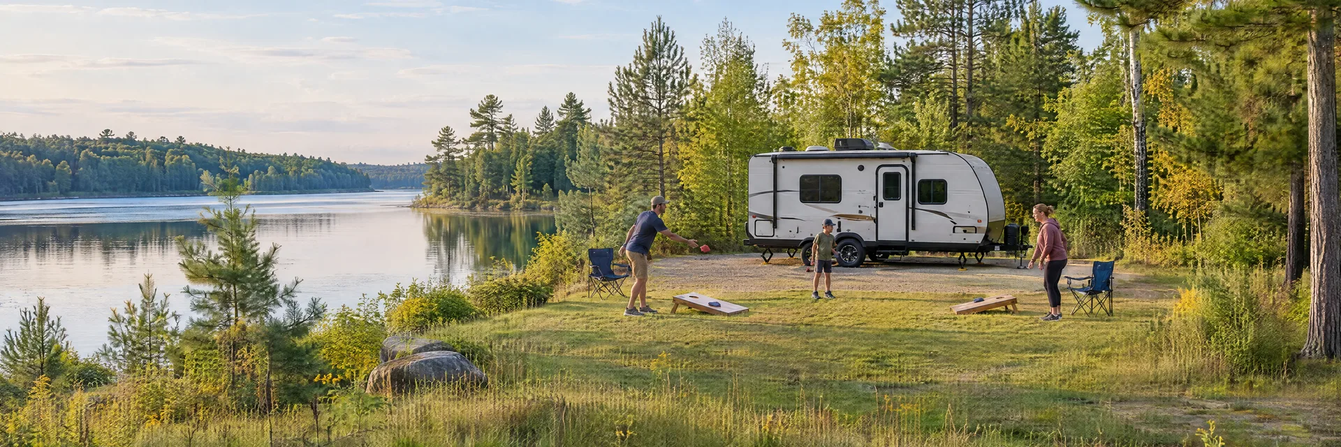 Illustration of campers enjoying family campsite activities beside a compact travel trailer in a fictional camping setting inspired by Gladwin, MI.