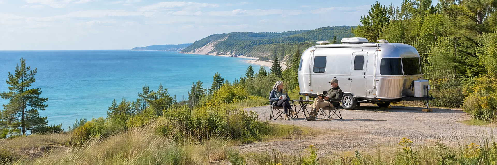 Illustration of campers enjoying relaxing at camp beside a rounded silver travel trailer in a fictional camping setting inspired by Glen Arbor, MI.