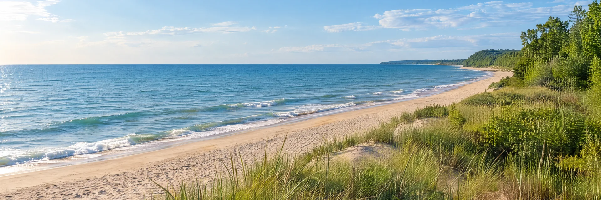 Illustration inspired by Grand Haven, MI: lake Michigan broad sandy beach, dune grass and leafy woodland, no lighthouse or pier.
