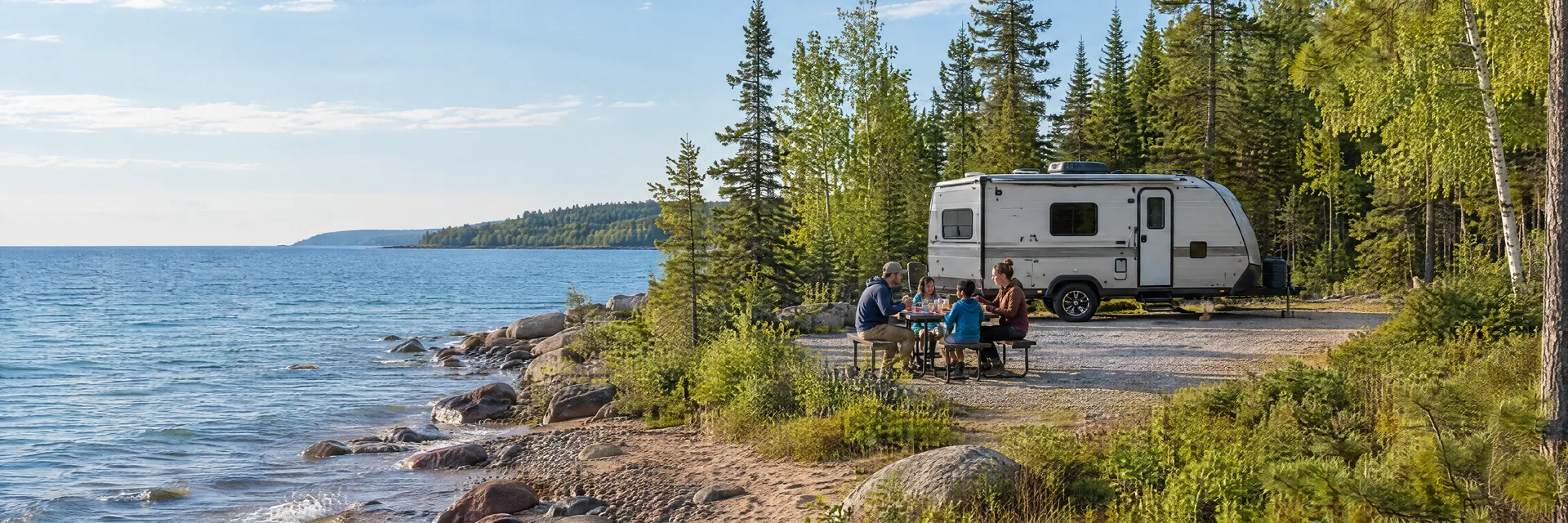 Illustration of campers enjoying a family picnic beside a compact travel trailer in a fictional camping setting inspired by Grand Marais, MI.