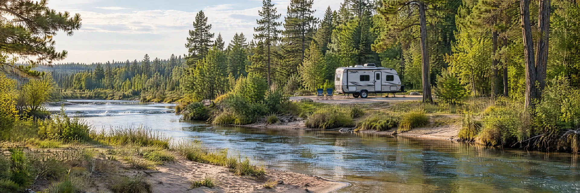 Illustration of a compact travel trailer at a fictional camping setting inspired by Grayling, MI.