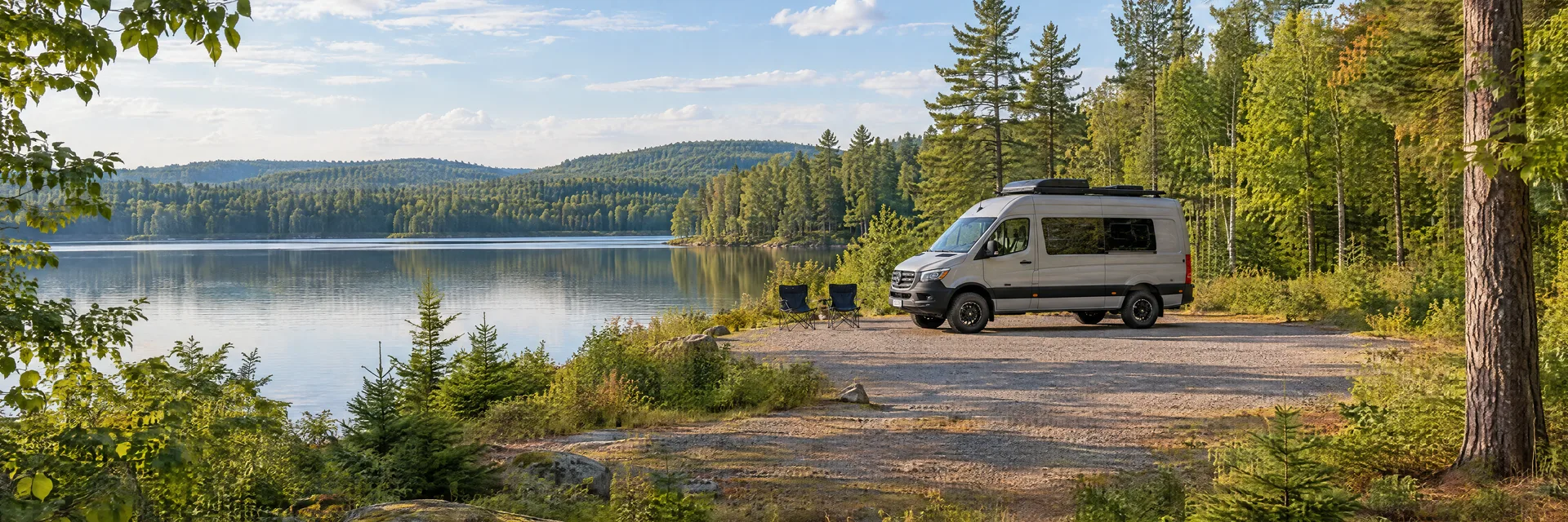 Illustration of a camper van at a fictional camping setting inspired by Harrison, MI.