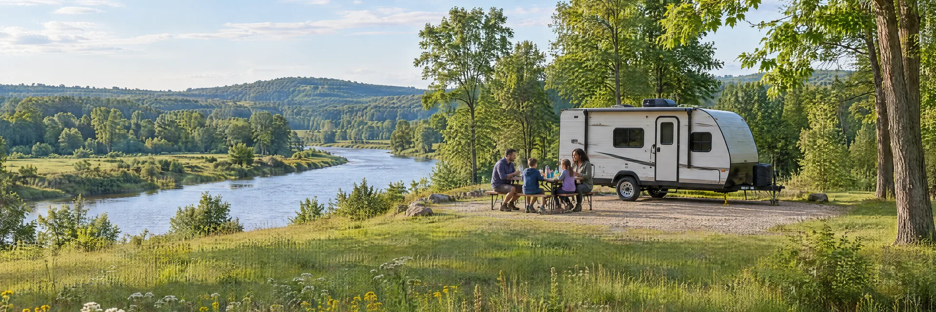 Illustration of campers enjoying a family picnic beside a compact travel trailer in a fictional camping setting inspired by Hastings, MI.