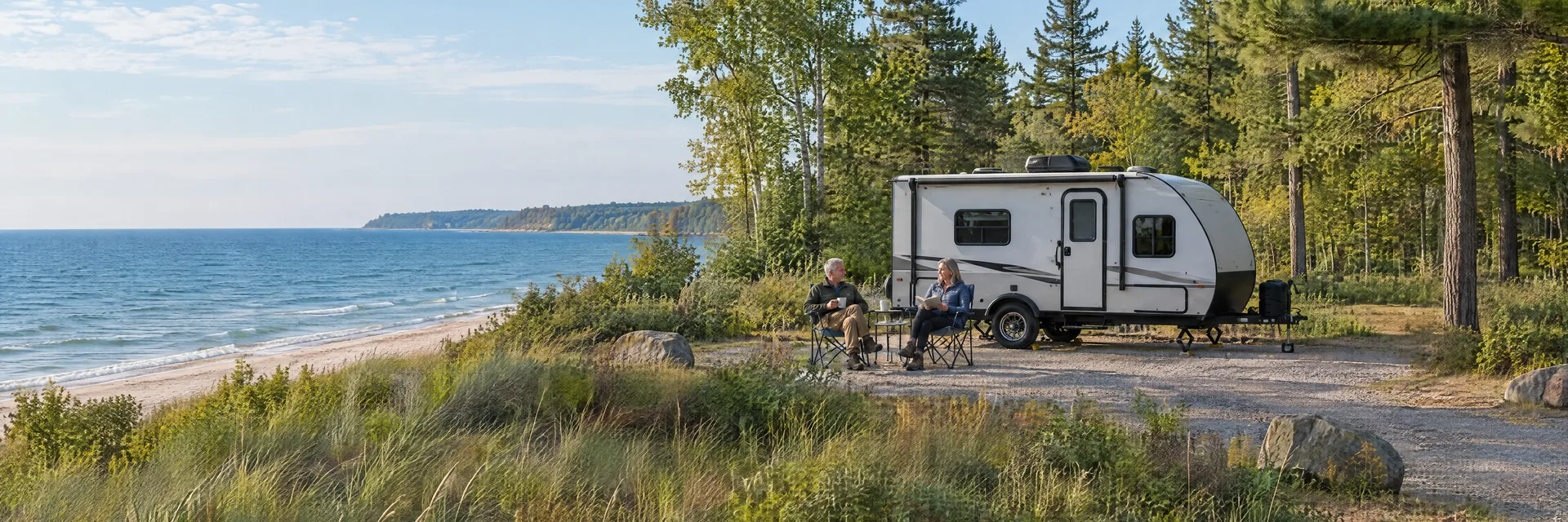 Illustration of campers enjoying relaxing at camp beside a compact travel trailer in a fictional camping setting inspired by Holland, MI.