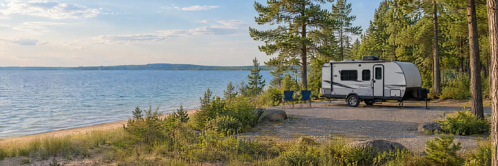 Illustration of a compact travel trailer at a fictional camping setting inspired by Houghton Lake, MI.