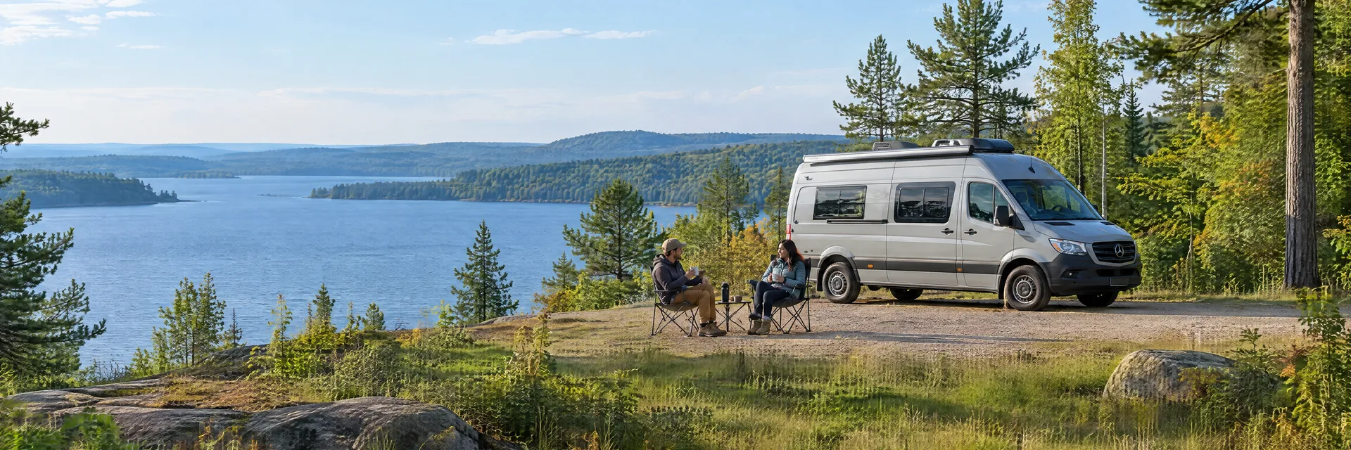 Illustration of campers enjoying morning coffee beside a camper van in a fictional camping setting inspired by Johannesburg, MI.