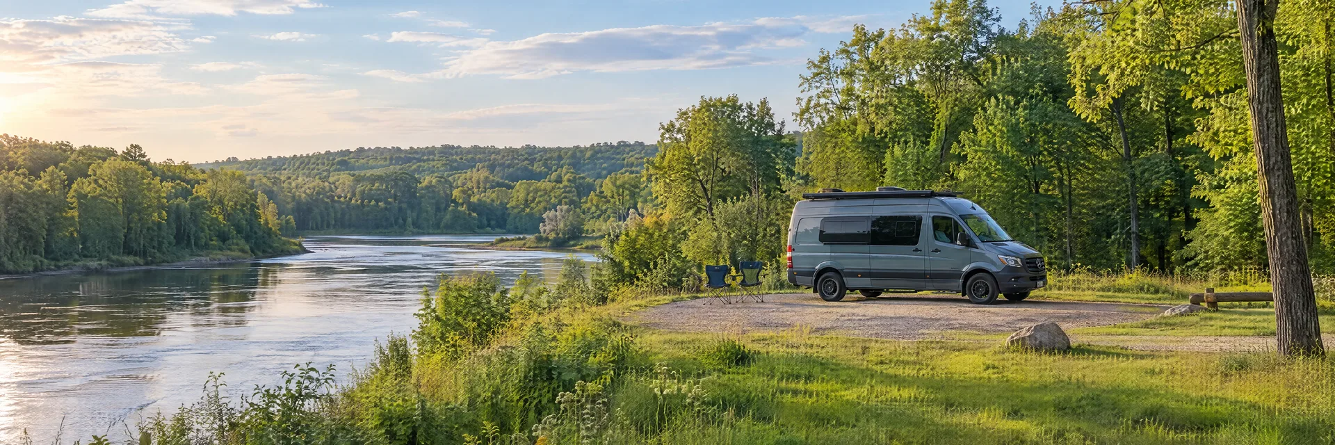 Illustration of a camper van at a fictional camping setting inspired by Kalamazoo, MI.