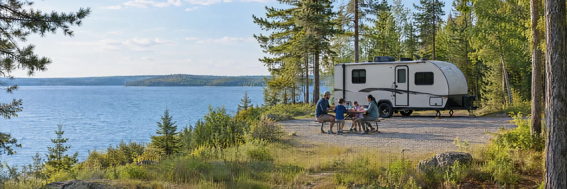 Illustration of campers enjoying a family picnic beside a compact travel trailer in a fictional camping setting inspired by Kalkaska, MI.