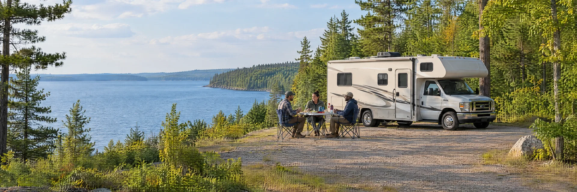 Illustration of campers enjoying an outdoor meal beside a Class C motorhome in a fictional camping setting inspired by Lake City, MI.