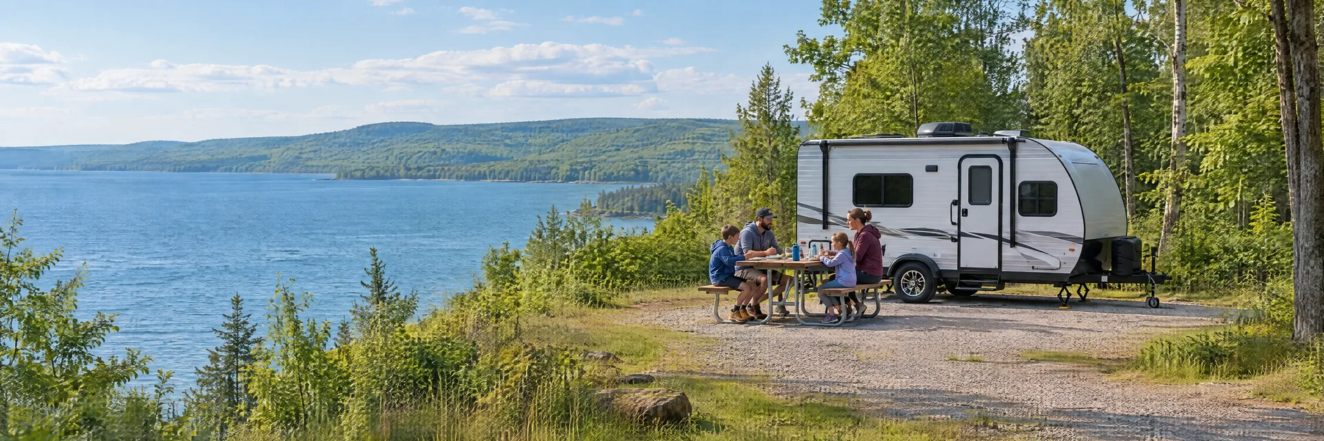 Illustration of campers enjoying a family picnic beside a compact travel trailer in a fictional camping setting inspired by Lake Leelanau, MI.