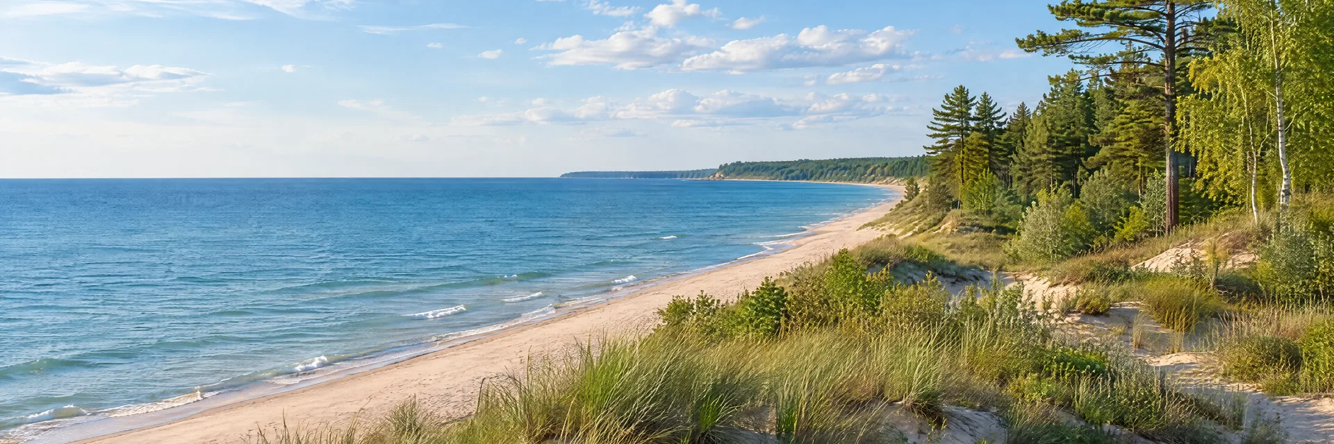 Illustration inspired by Ludington, MI: lake Michigan sandy shoreline, freshwater dunes and mixed hardwood-pine woods.