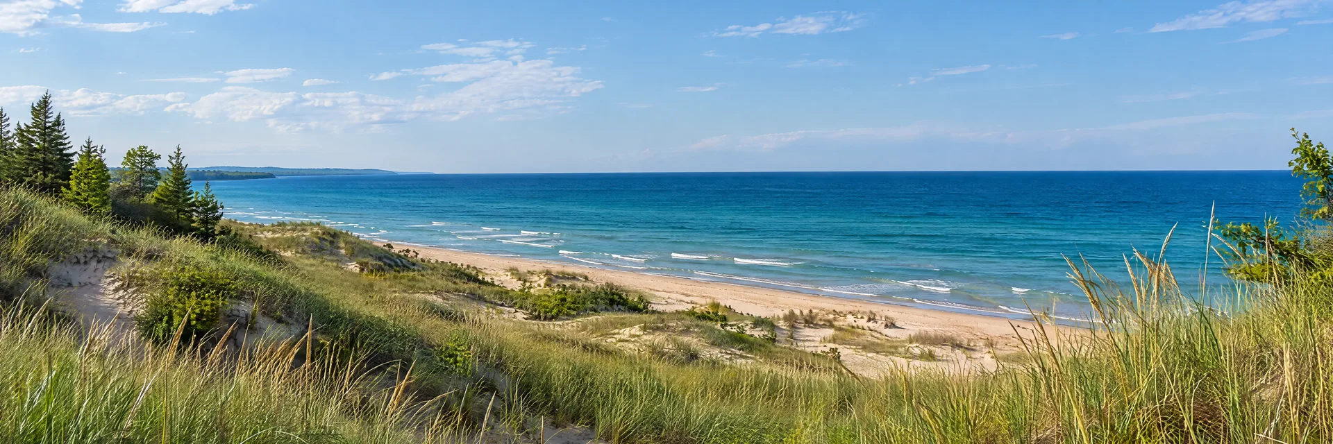 Illustration inspired by Manistee, MI: lake Michigan dunes with beach grass and a wide blue horizon.