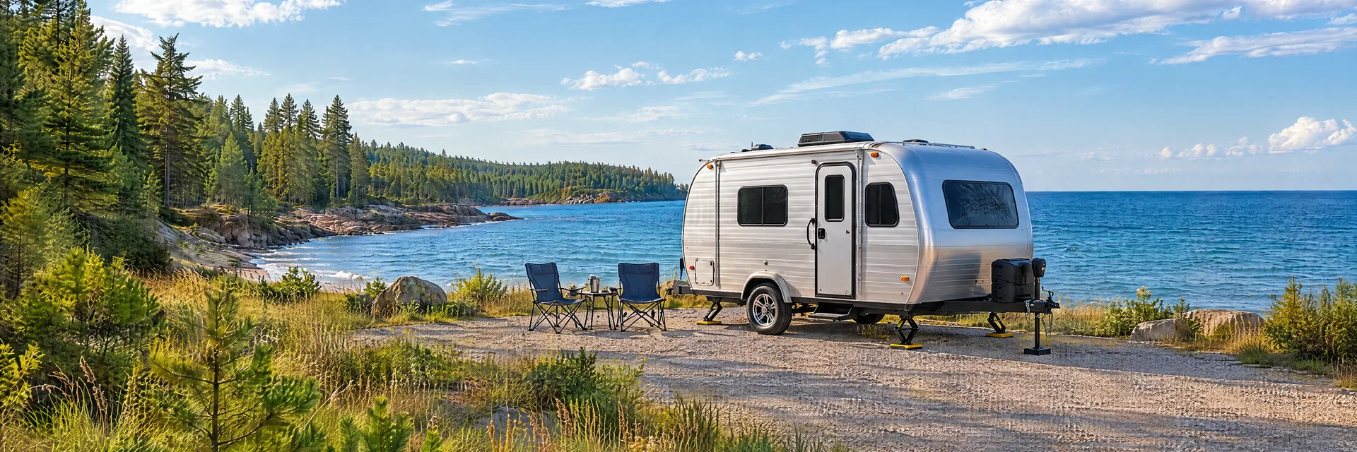 Illustration of a silver compact single-axle travel trailer with visible hitch and stabilizers at a fictional camping setting inspired by Manistique, MI.