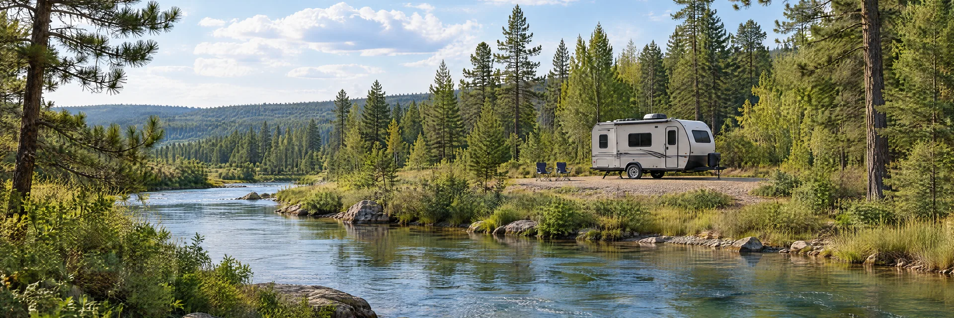 Illustration of a compact travel trailer at a fictional camping setting inspired by Mio, MI.
