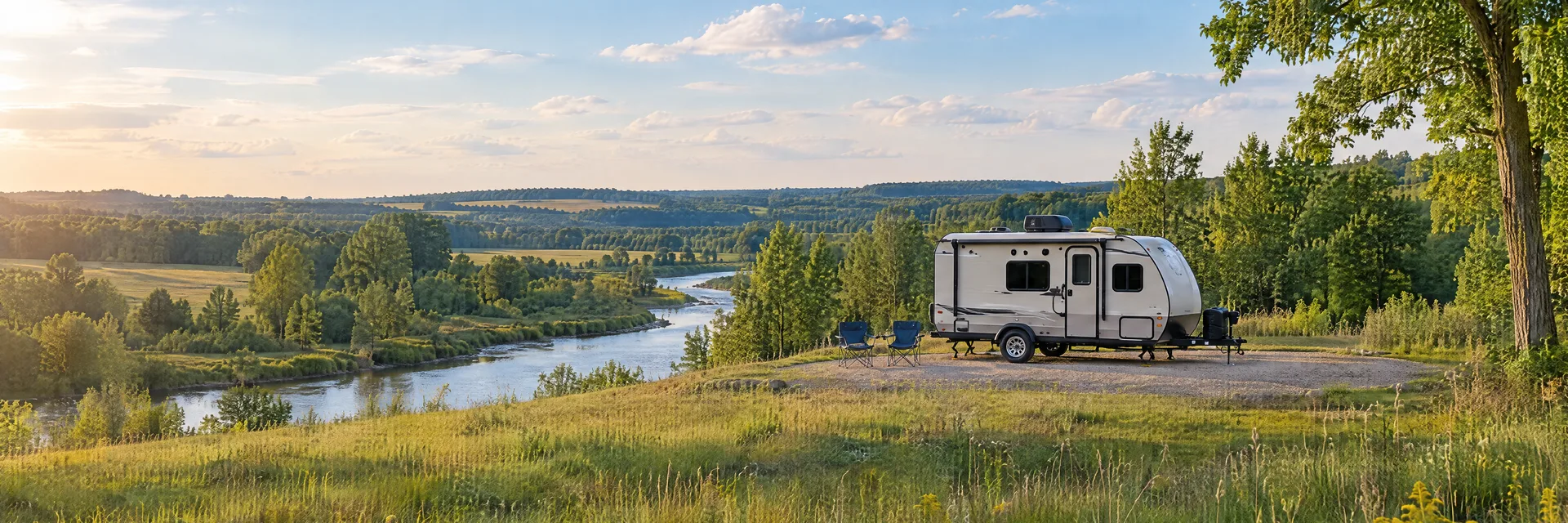 Illustration of a compact travel trailer at a fictional camping setting inspired by Mount Pleasant, MI.